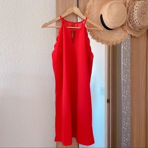 Scalloped Halter Shift Dress in Coral Red